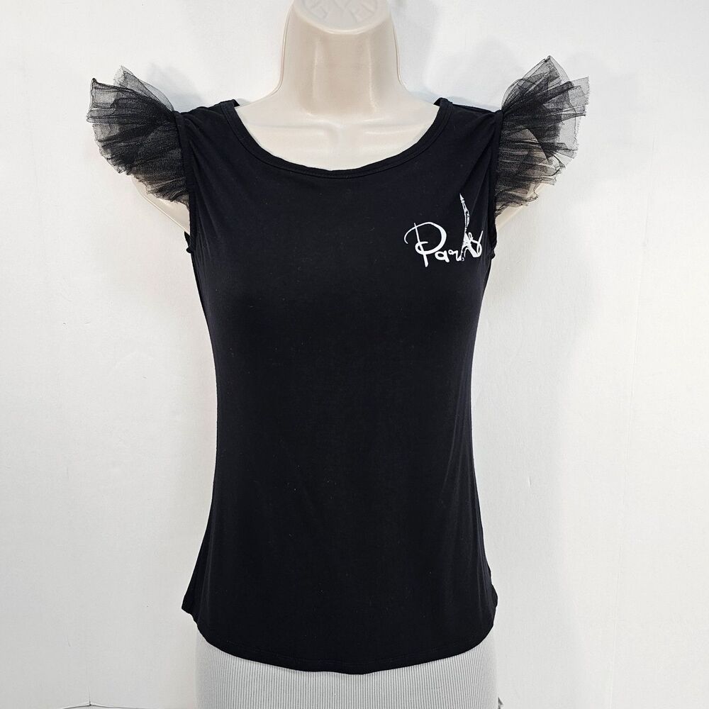ELZORIA Paris Black Sleeveless Top with Tulle Ruffle Shoulders Size S
